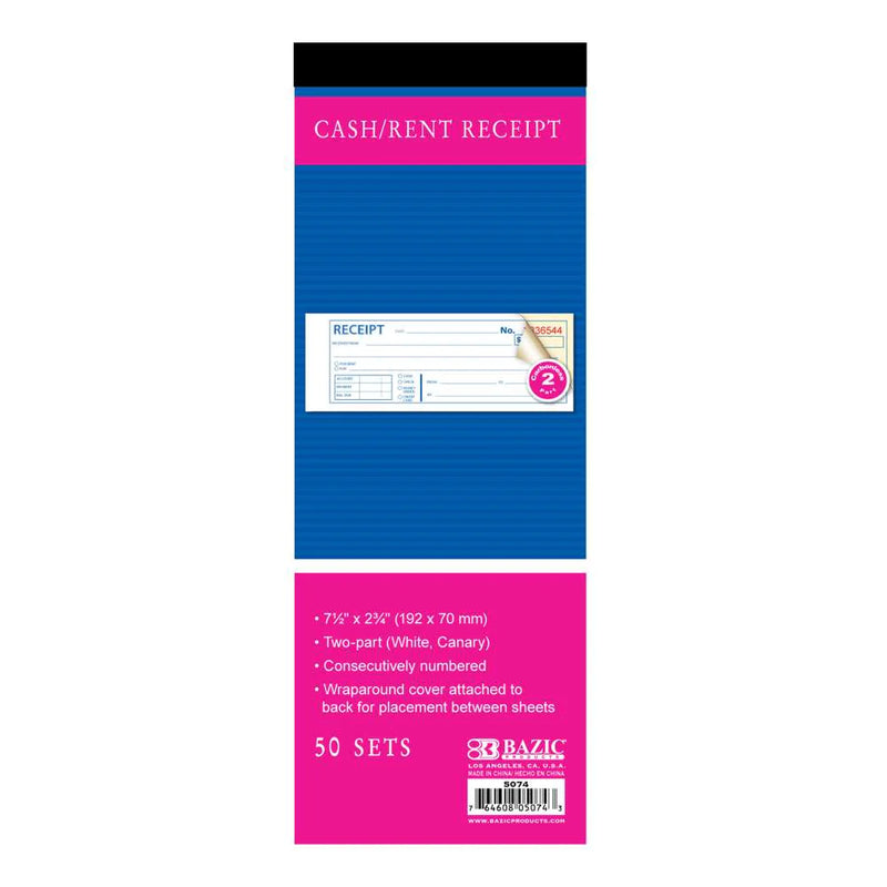 Cash or Rent Receipt Book 2-Part Carbonless 7 1/2" x 2 3/4" (50 Sets)