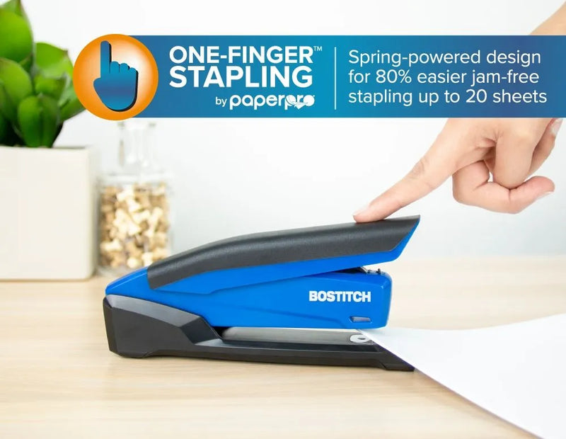 InPower Antimicrobial Spring-Powered Desktop Stapler, 20 Sheets, Blue