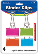 Large 2" (51mm) Assorted Color Binder Clip (4/Pack)