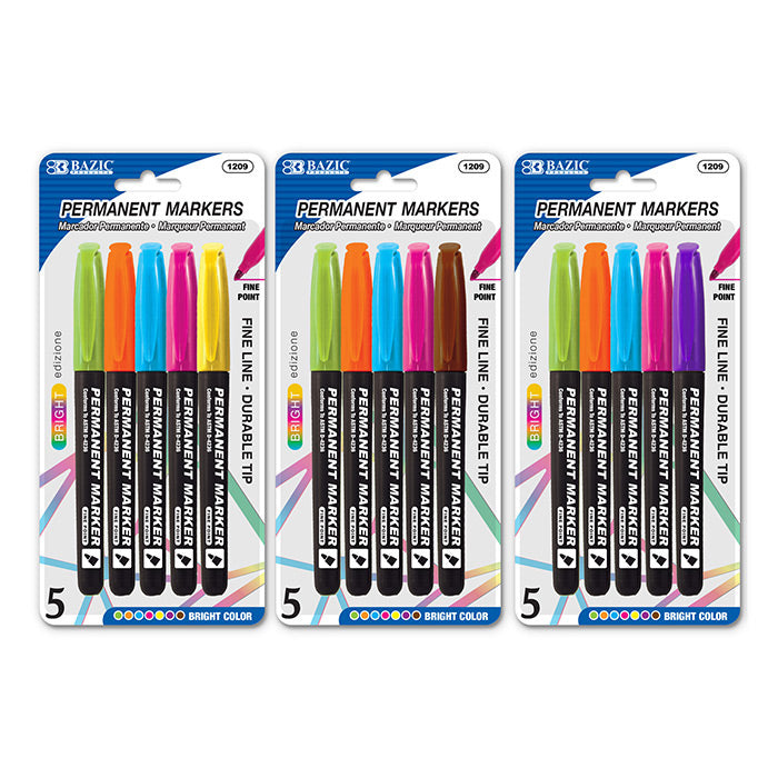 FINE TIP PERMANENT MARKERS BRIGHT COLORS SET 5